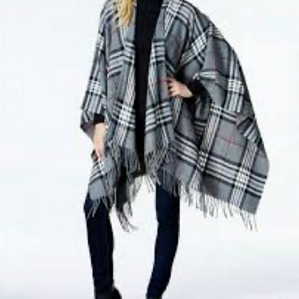 V. FRAAS  Ruona Plaid Print Gray Red and Black Wrap Poncho
